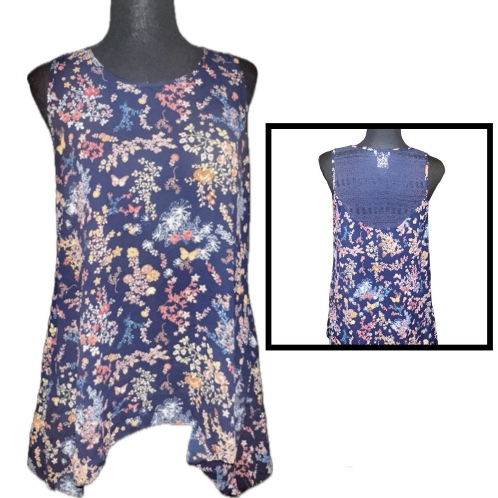 Sleeveless Waterfall Hem Floral Butterfly Trapeze Top w/ Back Lace Detail, Small